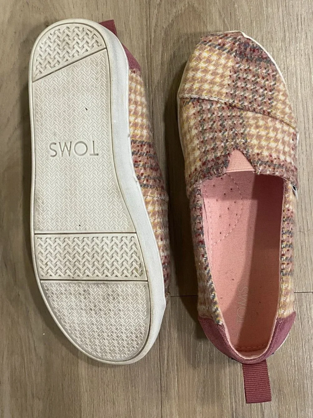 TOMS Kids Alpargata Slip On Shoes Pink Tweed Glitter Plaid Size 2.5